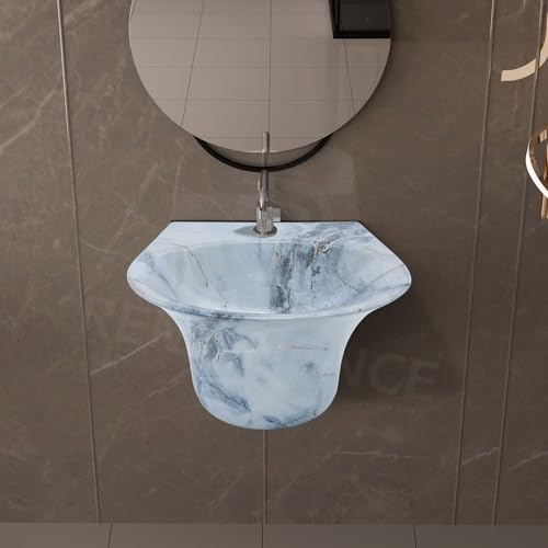 Image of REMANENCE Luxury Wall Mount Half Pedestal Wash Basin for Bathroom | Designer Wall Hung Basin | Wall Mounted Washbasin for Resturent, Hotels (16 x 16 x 11 Inch) (Designer Blue)