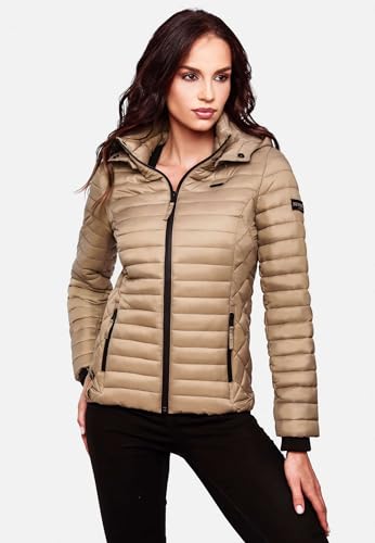 MARIKOO Damen Übergangsjacke Steppjacke mit Kapuze gesteppt 21 Farben XS-XXL Samtpfote (Taupe Grey, M)