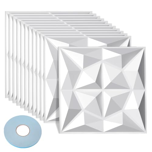 Yugodex Lot de 12 panneaux muraux 3D, revêtement mural 3D, avec ruban adhésif, panneaux décoratifs muraux, imperméables, résistants à la chaleur, en PVC très rigide, 30 x 30 cm, blanc diamant