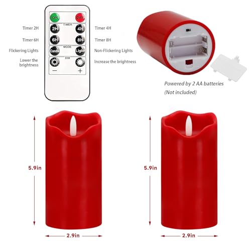 Image of Red Flameless Candles Set of 2, 6 inchx3 inch Christmas Candles with Remote & Timer