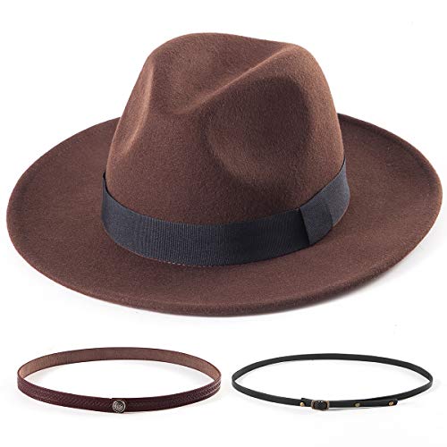 LADYBRO Coffee Wool Felt Wide Brim Fedora Hats for Women Panama, 58cm Adjustable