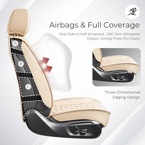Image of Huidasource Beige Seat Covers Full Set, Nappa Leather Seat Cover Hollow Design Airbag Pops, Front ＆ Back Seat, 5 Layers Seat Covers for Most Cars, Vans, Trucks, SUVs Universal Fit (Full Set /Beige)