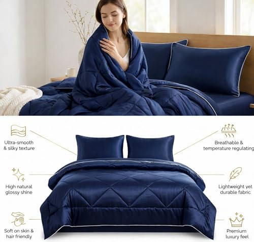 Image of SANMARINO Satin Silk Comforter Set for Double Bed - 300 TC Premium Satin Bedsheet with Pillow Covers, Luxury Complete Bedding Set, Soft Silky Finish, Bedroom Home Furnishing Gift Set - Sapphire Night