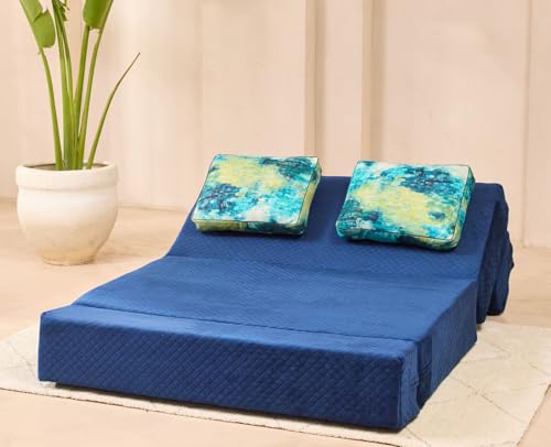 Image of uberlyfe Xtra High, Xtra Soft 2 Seater (4' x 6') Sofa Cum Bed | 1 Year Warranty |17 inch Sofa Height | Twin Size Foldable Bed | Plush Laser Quilted Fabric | 2 Cushions Ocean Hues Pattern | Deep Blue Color
