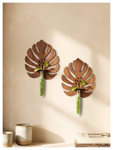Image of Bombay Greens ; Sow, grow, eat, repeat Monstera Planter with Test Tube Wooden Holder | Indoor Planter Stand | Wooden Planter for Home Decor, Living Room, Balcony & Office Decoration - Pack of 2