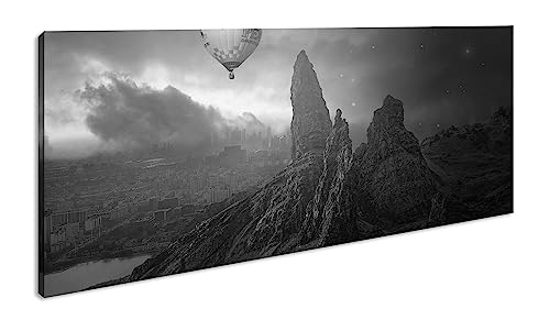 Un mundo misterioso y sombrío panorámico 120 x 60 cm efecto: negro/blanco como lienzo, diseño enmarcado sobre marco de madera auténtica, impresión digital de alta calidad con marco