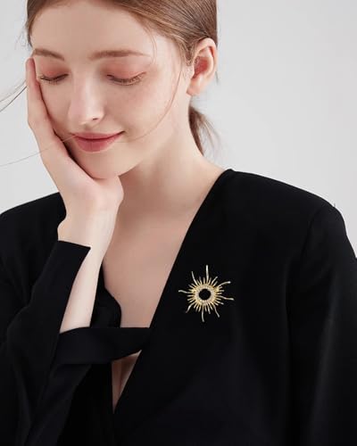 Image of Fashion Sun Brooch Pins For Women Men Gold-Tone Plated Sparkly Cz Crystal Baroque Celestial Sunshine Round Shape Lapel Badges Creative Clothes Shirt Accessories Birthday Holiday Jewelry Gift Best Friend