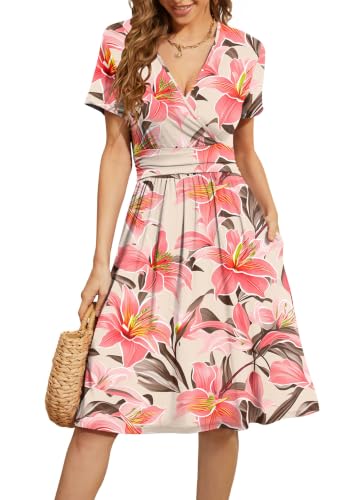 Image of WEACZZY Women's Summer Short Sleeve Casual Dresses V-Neck Floral Party Dress with Pockets