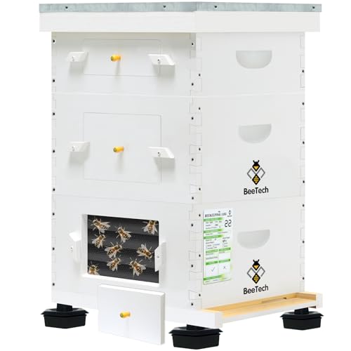 BeeTech 10 Frame Langstroth Bee Hive Coated with Spray Paint, Complete Beehive kit with Unassembled Frame and Foundation for Beekeeper Beginner(2 Deep Boxes and 1 Super Box)