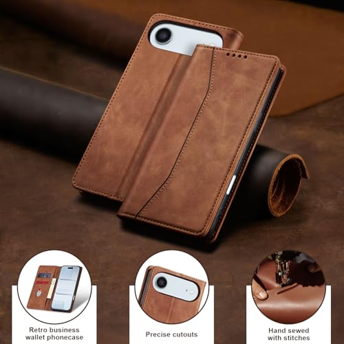 Image of Jasonyu Flip Wallet Case for iPhone 17 Air,Leather Magnetic Folio Cover with Card Holder,Kickstand - TPU Shockproof Durable Protective Phone Case,Brown