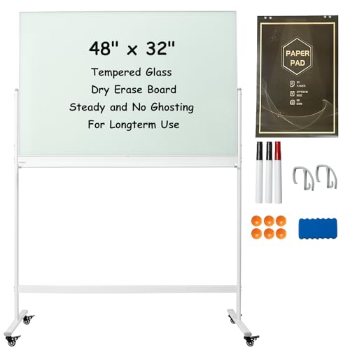 Image of TSJ-OFFICE Rolling Glass Whiteboard on Wheels - 48 inch x 32 inch Magnetic Mobile Dry Erase Board with Stand, Large Rolling White Board with 25 Sheets Paper Pad, Transparent Tempered Glass Board Office, Home