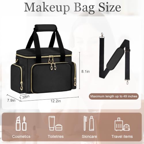 Image of GDNasist Large Makeup Bag, Portable Travel Makeup Bag Organizer | Cosmetic Travel Bag for Women Girls with Removable Shoulder Strap & Detachable Dividers, Toiletry Bag for Makeup Black