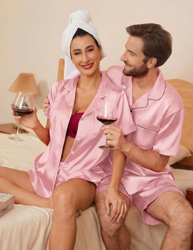 Image of Ekouaer Couple Matching Pajamas Sets Silk Short Sleeve Button Down Sleepwear Satin Pjs Shorts Set Soft Loungewear S-XXL