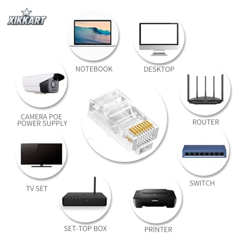 Image of XIKKART Cat6 RJ45 Pass Through Connectors (100 Pack) | Gold-Plated Modular Plugs for Solid & Stranded Ethernet Cable | Easy Crimp Network Plug for Cat6, Cat5e, Cat5 LAN Cable | (100-Pcs)
