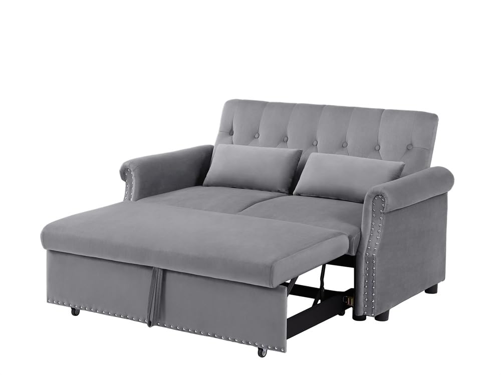 GIA 3 in 1 Convertible Sofa, Multi-Functional Velvet Sleeper Couch Pull-Out Bed for Living Room, 55" Loveseat Chaise Lounge with Adjsutable Backrest,Removable Armrest, 2 Pillows, Gray