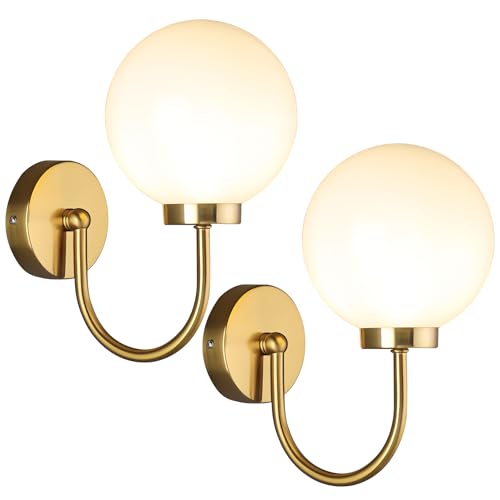Image of Modern Globe Glass Wall Sconce Set of Two Mid Century Golden Wall Mount Light Fixture Brushed Brass Gold Round Wall Lamp for Bedroom Living Room Mirror Hallway Kitchen MCL12GD-2 (2pack)