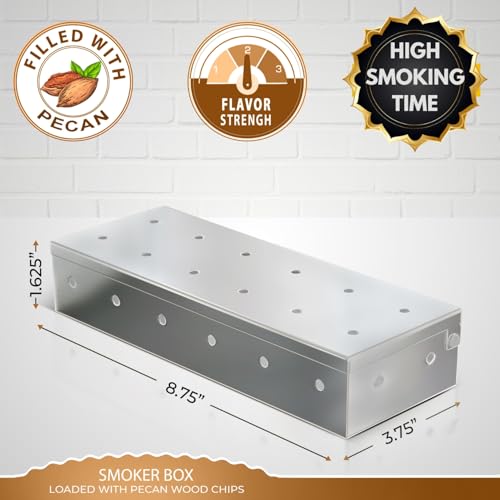 KITCHEN PERFECTION Smoker Box for Gas Grill - BBQ Wood Chip Smoker Box Pre-Filled with Pecan Wood Chips -Adds Delicious Smokey Flavor on Propane Grill & Pellet Grill,Grill Masters Smoker Fire Box