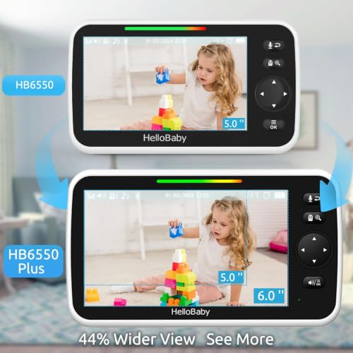 Image of HelloBaby 6'' World First IPS 30H Battery Split-Screen Video Baby Monitor with Camera and Audio, No WiFi, Pan-Tilt-Zoom, VOX, 2-Way Talk, Night Vision, 8 Lullabies, 1000ft, for New Parents /Elderly