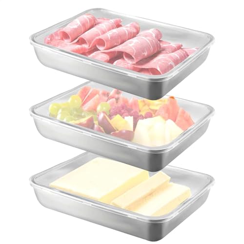 Contenedor de carne para frigorífico | 3 cajas de almacenamiento de alimentos con tapa hermética - Soporte de tocino de acero inoxidable, organizador de refrigerador para frutas y alimentos