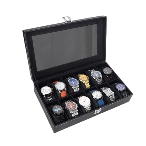 Image of Luxury Leather Watch Organizer with Glass Display | 12 Slot Watch Box Case for Men & Women | Premium Watch Storage Display Case | Travel Ready Watch Storage Box | Gift item (Watch Not Included)