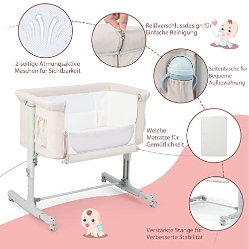 FANTASK 3 in 1 Beistellbett & Babywiege & Reisebett, 5-stufig Höhenverstellbares Babybett, neigbar, Beige