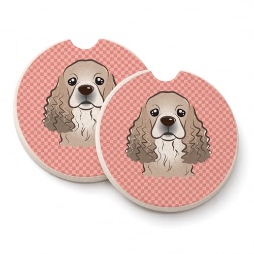 Caroline's Treasures BB1216CARC Checkerboard Pink Cocker Spaniel Set of 2 Cup Holder Car Coasters Absorbent Sandstone Coasters for Car Cup Holders Gifts for Men or Women, Large, Multicolor