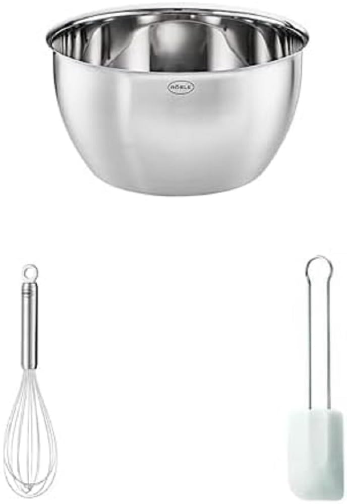 RÖSLE Bundle Basic Line Schüssel, Schneebesen Länge 27 cm, Teigschaber, strapazierfähiges Silikon, -30°C bis +200°C, weiß, extra groß, 32 cm