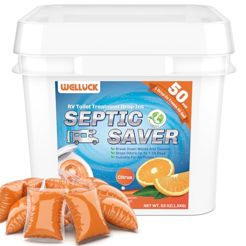 WELLUCK 50 Packs RV Toilet Treatment Drop Ins, Black Tank Deodorizer for Camper, Marine Portable Toilet, Break Down Waste and Tissue, Septic Tank Treatment, Kit for 50 Week(Citrus)