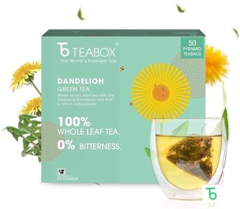 Teabox Premium Organic Green Tea With Dandelion Roots | 100% Whole Leaf Green Tea From The Himalayas | Usda Organic | 50 Tea Bags, 100 Gram
