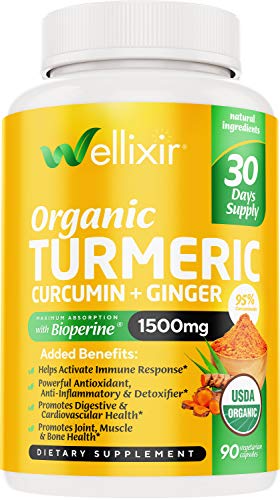 Wellixir Organic Turmeric Supplement  Curcumin with Bioperine Capsules  90 Veggie Caps with Ginger Root Extract, Curcumin and Turmeric for Joint Health  95% Curcuminoids Formula
