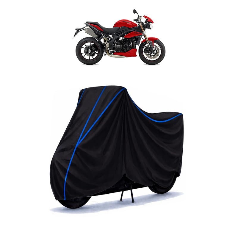 Image of Triumph Speed Triple Bike Cover Water Resistant Universal Motorcycle Rain | Heavy Duty UV Protection, Dust, Scratch Indoor Outdoor All Weather with Black Blue Piping Elastic