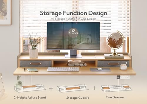 Image of Claiks Standing Desk with Drawers & Wheels, 2 Height Shelf 55 inch Natural