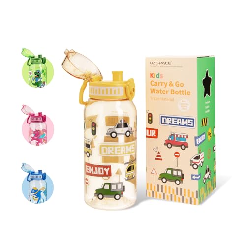 UZSPACE Botella de Agua para Niños 600ml, A Prueba de Fugas, Apertura de un Clic, Botella Agua Bebé Sin BPA Duradera, Cantimplora Infantil con Asa para Colegio, Niños y Niñas (Coche Amarillo)