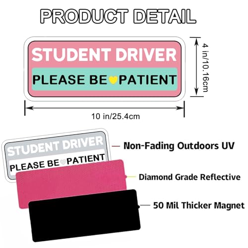 Image of 3 Pcs Student Driver Car Magnet, Teen Driver for Car | 10 inchx4 inch Please Be Patient Student Driver Magnet Pink Reflective & Waterproof Weather-Resistant