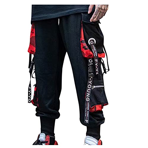 Generisch Pantalones de hombre estampados, slacks, corsé, cintura elástica, pantalones cargo para hombre, con cordón (caqui, XXL), Negro , M