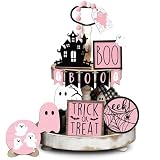 Umigy 15 Pcs Halloween Tiered Tray Decor Set Cute Ghost Tray Decorations Boo Halloween Wooden Signs Farmhouse Rustic Decoration for Home Table Party Supplies(Pink Ghost)
