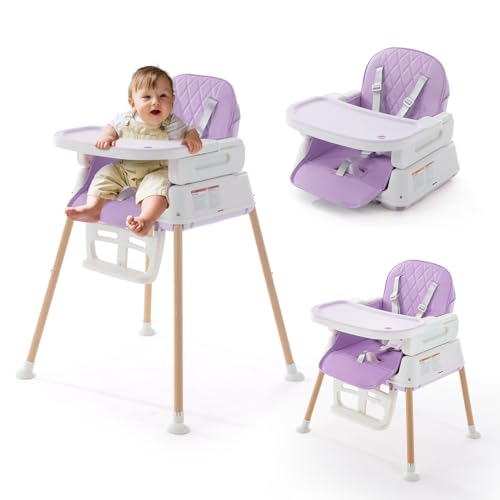 Image of 3 in 1 Baby High Chair, Portable High Chairs for Babies and Toddlers, Adjustable Convertible Infant Baby Feeding Chair Booster for Eating with Detachable Double Tray, 5 Point Harness, Footrest Purple