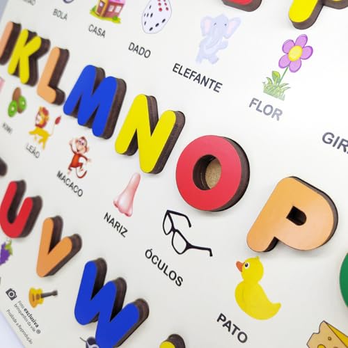 Alfabeto em Madeira Montessoriano Tabuleiro Educativo com Letras Figuras e Palavras