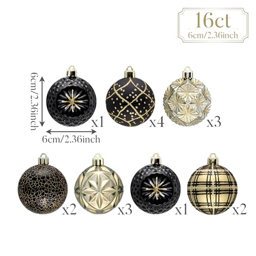 Valery Madelyn Weihnachtsschmuck für Weihnachtsbäume - 16er Set in Schwarz und Gold - bruchsichere Luxus Hängekugeln 6cm für Weihnachts… – Ansicht 3