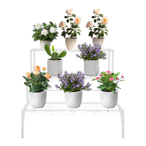 RUETERY Escalera para plantas, 3 peldaños, para exteriores, con adornos, banco de flores, soporta hasta 60 kg, para jardín, balcón, interior y exterior, color blanco, 70 x 58 x 60 cm