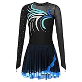  Runhomal - Vestido de baile para mujer, con pedrería, vestido de patinaje artístico de manga larga y leotardo para gimnasio, traje de baile lírico S-XXL, azul, L