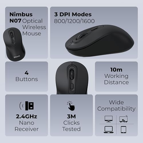 Image of Geonix Nimbus 07 Optical Wireless Mouse, Dual Mode (2.4GHz + Bluetooth), 4 DPI Modes, Type-C Rechargeable, High Precision Tracking, 10 m Range, 4-Button Ergonomic Design (Black)