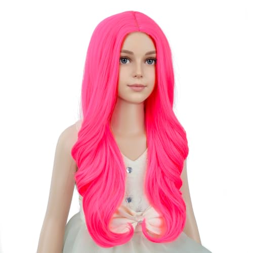 Image of PATTNIUM Neon Pink Wig for Girls Kids Long Curly Wigs Hot Pink Middle Part Heat Resistant Synthetic Wigs Halloween Cosplay Costume Party Wig