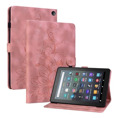 MOKASE Case Fit for All-New Amazon Kindle Fire 7 Tablet 12th Generation 2022 Release Latest Model 7", Suede Leather Folio Stand Cover, with Pen Holder & Card Slots for kindle Fire 7 Tablet, Pink