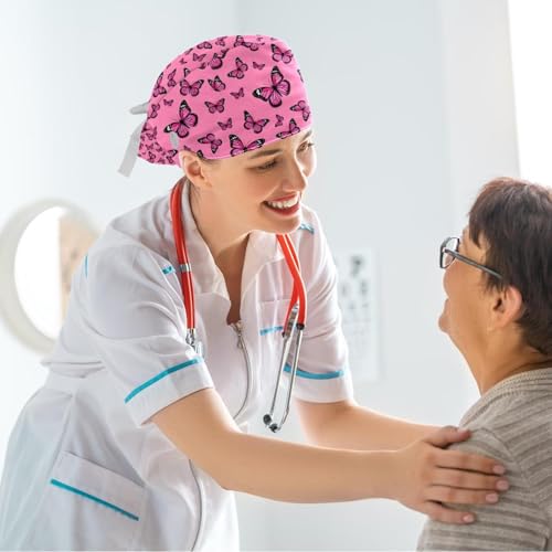 Image of Butterfly Scrub Cap Women with Ponytail & Buttons Adjustable Surgical Nurse Hat with Cotton Sweatband for Long Hair