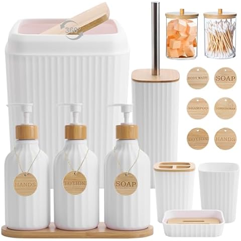 Bathroom Accessories Set White Bathroom Set with Trash Can,3PCS Lotion Soap Dispenser, Toothbrush Holder, Soap Dish,Tumbler Cup,6pcs Wood Tags White Bath Accessories with Tray for Bathroom Decor Cover