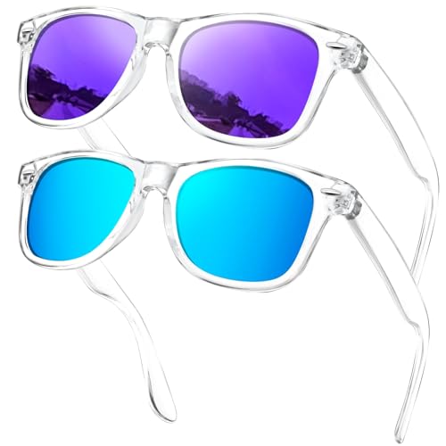 KANASTAL 2 Pack Transparent Blue Purple Sunglasses Womens Polarised Mens Mirrored Tinted Square Vintage Fashion Travel Outdoor UV400 Protection - Clear Blue Lens + Clear Purple