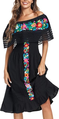 YZXDORWJ Mexican Dress for Women Embroidered Off-Shoulder Lace Dress Fiesta Mexico Boho Floral Dress