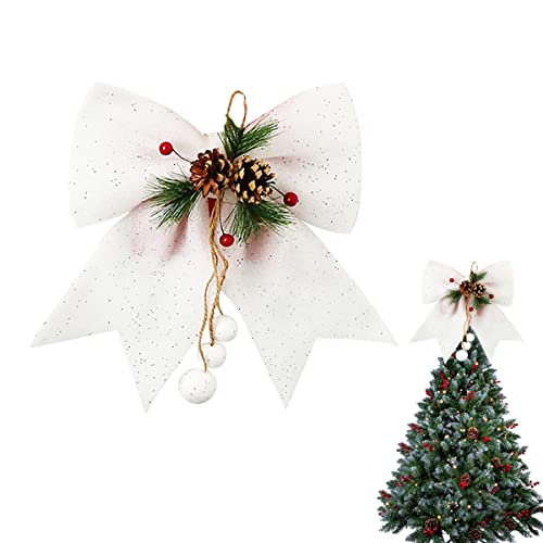 1P Lazo Blanco con Purpurina para Coronas, Lazos de Navidad - 24.9x30cm, Lazos de Lentejuelas para Decoración de Árboles, Coronas, Guirnaldas