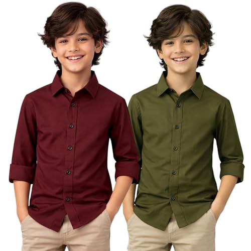 Image of YYQ Pack of 2 Boys Cotton Blend Shirts - Full Sleeve Casual, Soft & Comfortable Spread Collar Shirts